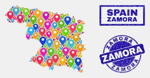Map Pointers Mosaic of Zamora Province Map and Textured Seals Stock Illustration