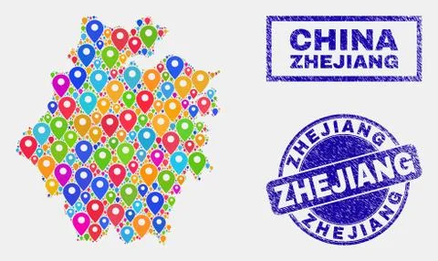 Map Pointers Mosaic of Zhejiang Province Map and Distress Seals 스톡 일러스트