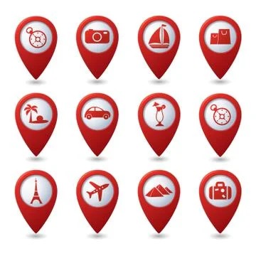 Map pointers with travel icons Stock Illustration