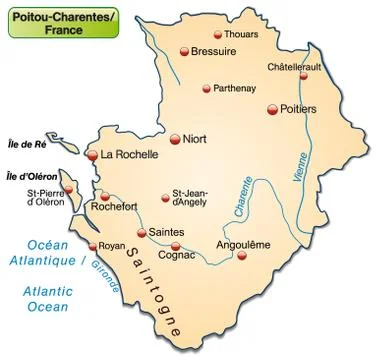 Map of poitou-charentes as an overview map in pastel orange Stock Illustration