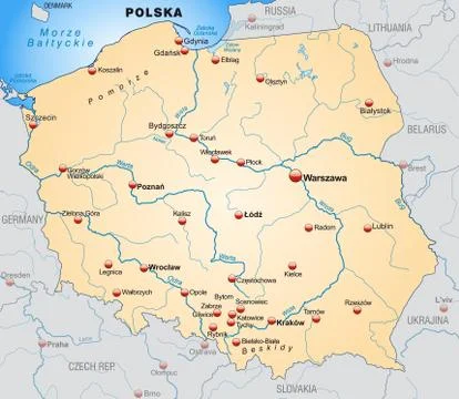 Map of poland as an overview map in pastel orange Stock Illustration