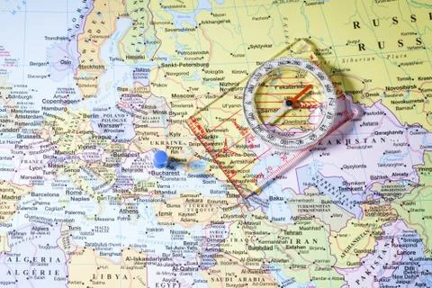 Map with push pin and compass Stock Photos