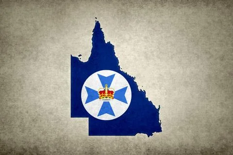 Map of Queensland with its flag on a paper Stock Illustration