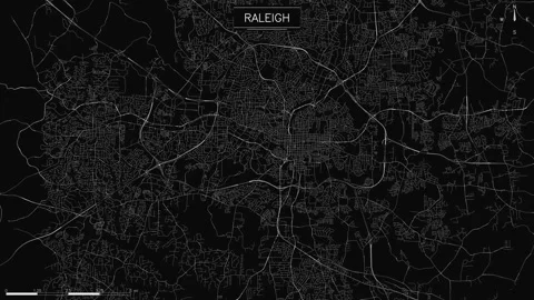 Map of Raleigh with animated white light trails flowing along major roads and Stock Footage 346803910