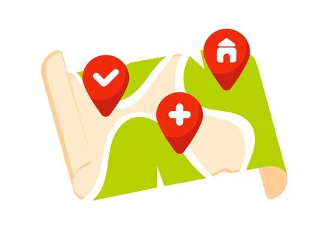 Map with red location pins showing check, plus and house symbols Stock-Illustration