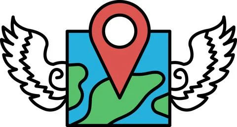 A map with a red pin on it and wings above it Ilustração Stock