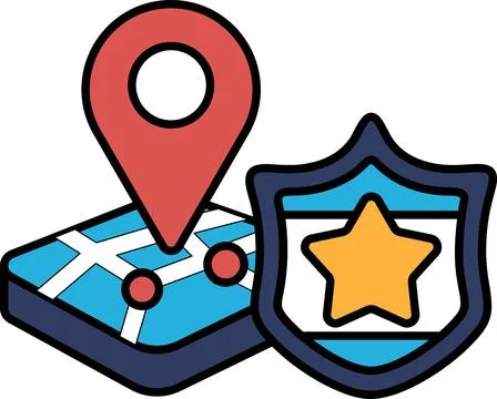 A map with a red pin on it and a star next to a shield Stock Illustration