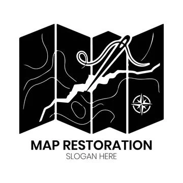Map Restoration Logo Design with Folded Topographic Chart and compass Stock Illustration