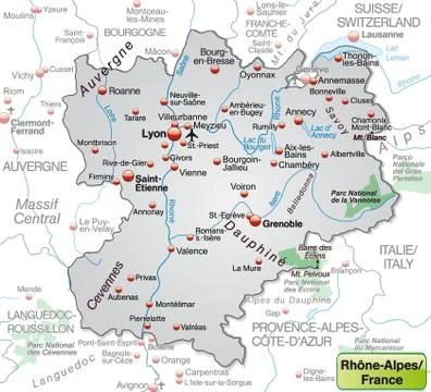 Map of rhone-alpes as an overview map in gray Stock Illustration