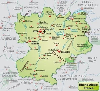 Map of rhone-alpes as an overview map in pastel green Stock Illustration