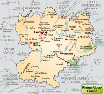 Map of rhone-alpes as an overview map in pastel orange Stock Illustration