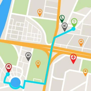 Map, road and landmark of route, icon and navigation of city, street and digital Stock Illustration