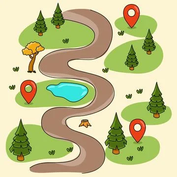 A map with a road and a tree with pin location icon on it. destination travel sy Stock Illustration