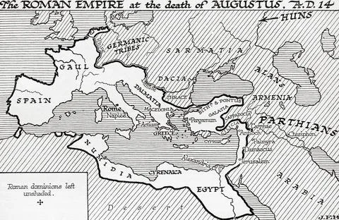 Map of the Roman Empire at the death of Caesar Augustus, AD14.  From the book Ou 库存插图