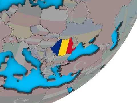 Map of Romania with flag on globe Stock Illustration