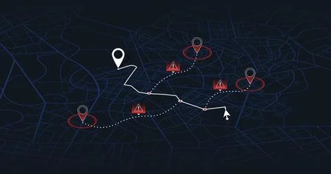 Map of the route with data on the distance, turns of the route. Blocked areas Stock Illustration