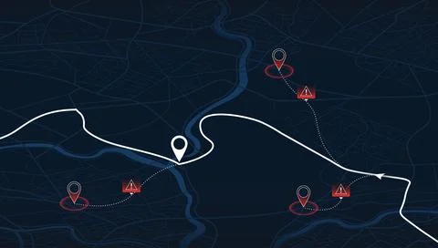 Map of the route with data on the distance, turns of the route. Blocked areas Stock Illustration