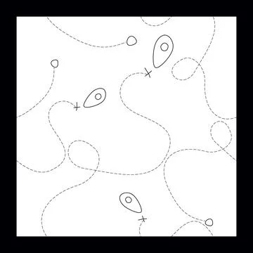 Map, routes, seamless pattern, monochrome, vector. Black beacons on White fie Illustrazione stock