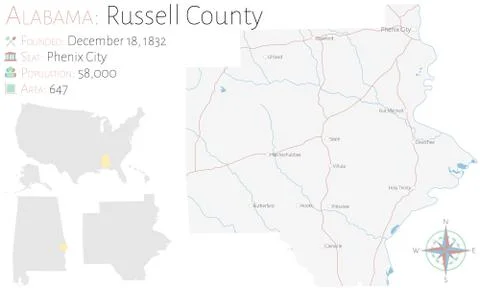 Map of Russell County in Alabama Illustrazione stock