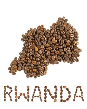 Map of Rwanda made of roasted coffee beans isolated on white background. Stock Photos