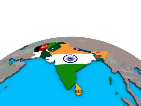 Map of SAARC memeber states with flags on globe Illustrazione stock