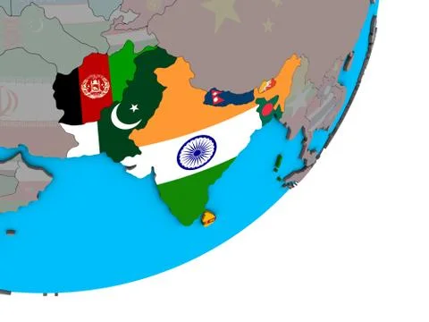 Map of SAARC memeber states with flags on globe Illustrazione stock