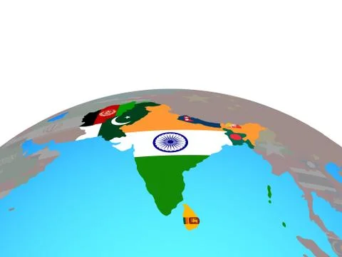 Map of SAARC memeber states with flags on globe Illustrazione stock