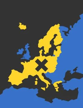 Map of Schengen area. Cross as metaphor of cancelling of shared territory of Stock Illustration