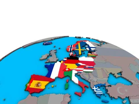 Map of Schengen Area members with flags on globe Stock Illustration