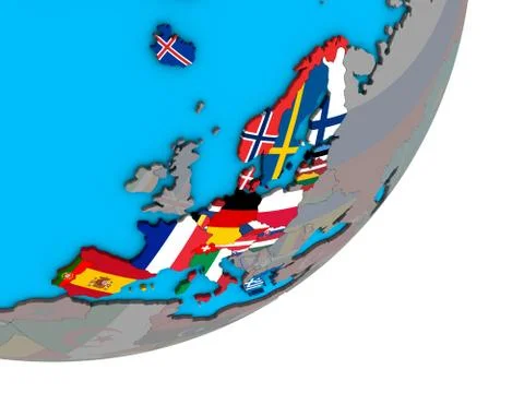 Map of Schengen Area members with flags on globe Stock Illustration