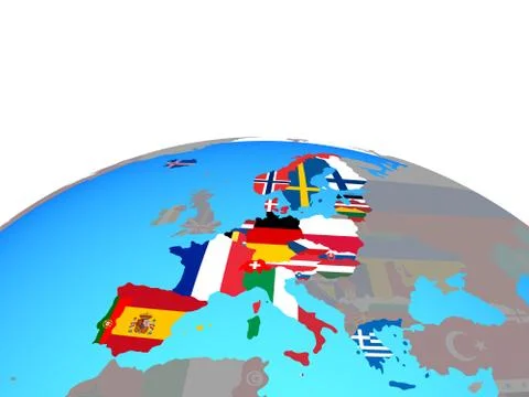 Map of Schengen Area members with flags on globe Stock Illustration