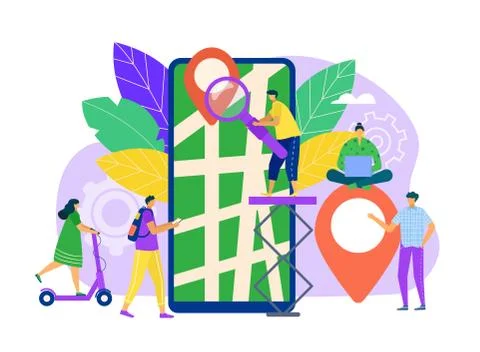 Map search with mobile app concept vector illustration. Flat smartphone online 스톡 일러스트