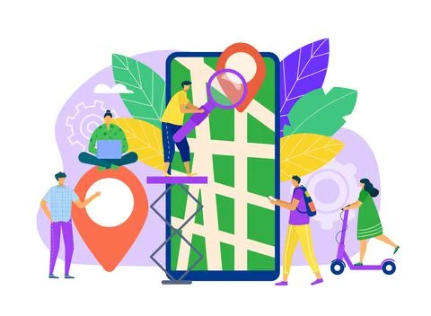 Map search with mobile app concept vector illustration. Flat smartphone online Stockillustratie