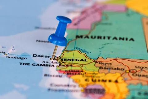 Map of Senegal with a blue pushpin stuck Stock-Fotos