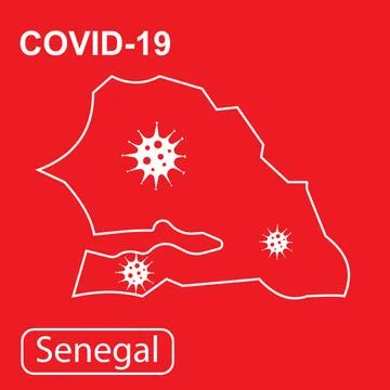 Map of Senegal labeled COVID-19. White outline map on a red background. Illustrazione stock