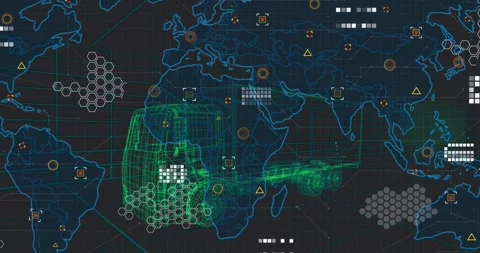 Map shifting behind wireframe truck, data clusters forming, network lines Stock Footage 326033165
