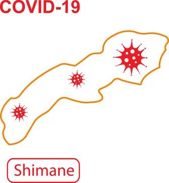Map of Shimane labeled COVID-19. Orange outline map on a white background. Stock Illustration