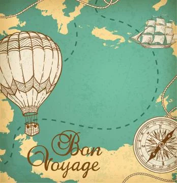 Map with ship and balloon air. Stock Illustration