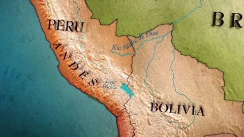 Map Showing Andes Mountains and Rio Madre de Dios in Peru South America Vídeo Stock 328020134