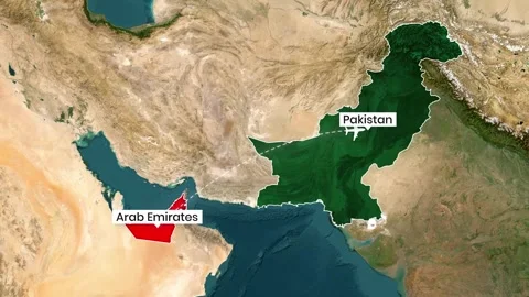 Map showing the flight path from the Arab Emirates to Pakistan with an airplane Stock-Footage 335089020