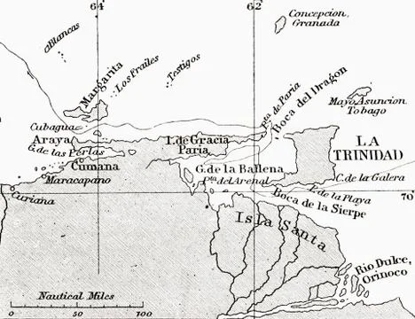 Map Showing The Gulf Of Paria Or De La Ballena As Christopher Columbus Named Stock Photos