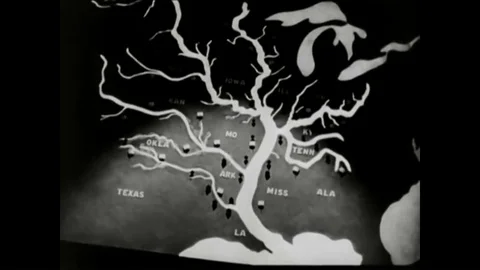 A map showing the path and channels of the Mississippi river in the 1930s Stock Footage 99409429