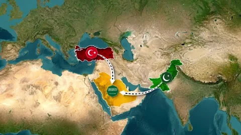 Map showing political relations between Turkey, Saudi Arabia, and Pakistan Stock Footage 341956044