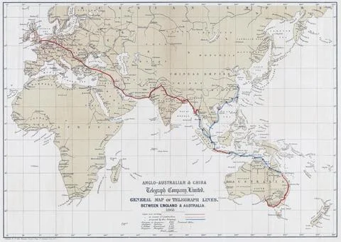 Map showing telegraph lines between England and Australia in 1863.  Proposed lin Stock Illustration