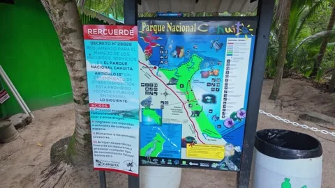 Map shows the beaches, main attractions and wildlife of Cahuita National Park Stock Footage 316110849
