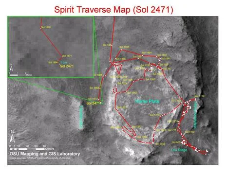 This map shows the path that NASA s Mars Exploration Rover Spirit followed... Stock Photos