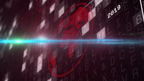 Map silhouette appearing triggers 3D red globe rotating with scanning beam Stock Footage 315592863