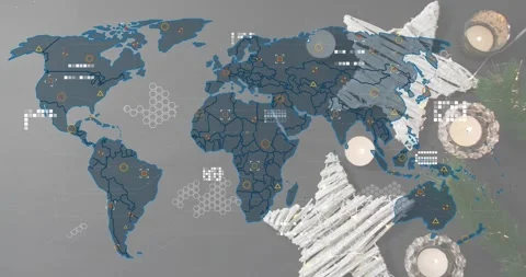 Map silhouette filling with borders as network icons hex clusters animating data Stock Footage 317772292