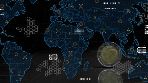 Map sliding in pulsing grids then coin spinning flipping east splitting settling Video stock 309893271