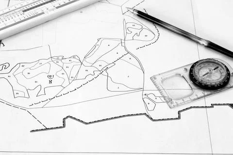 Map of a small land. Plan of the land plot with applied objects and tools:... Fotos de archivo